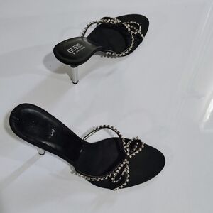 GUESS Black Rhinestone Bow Kitten-Heel Slides